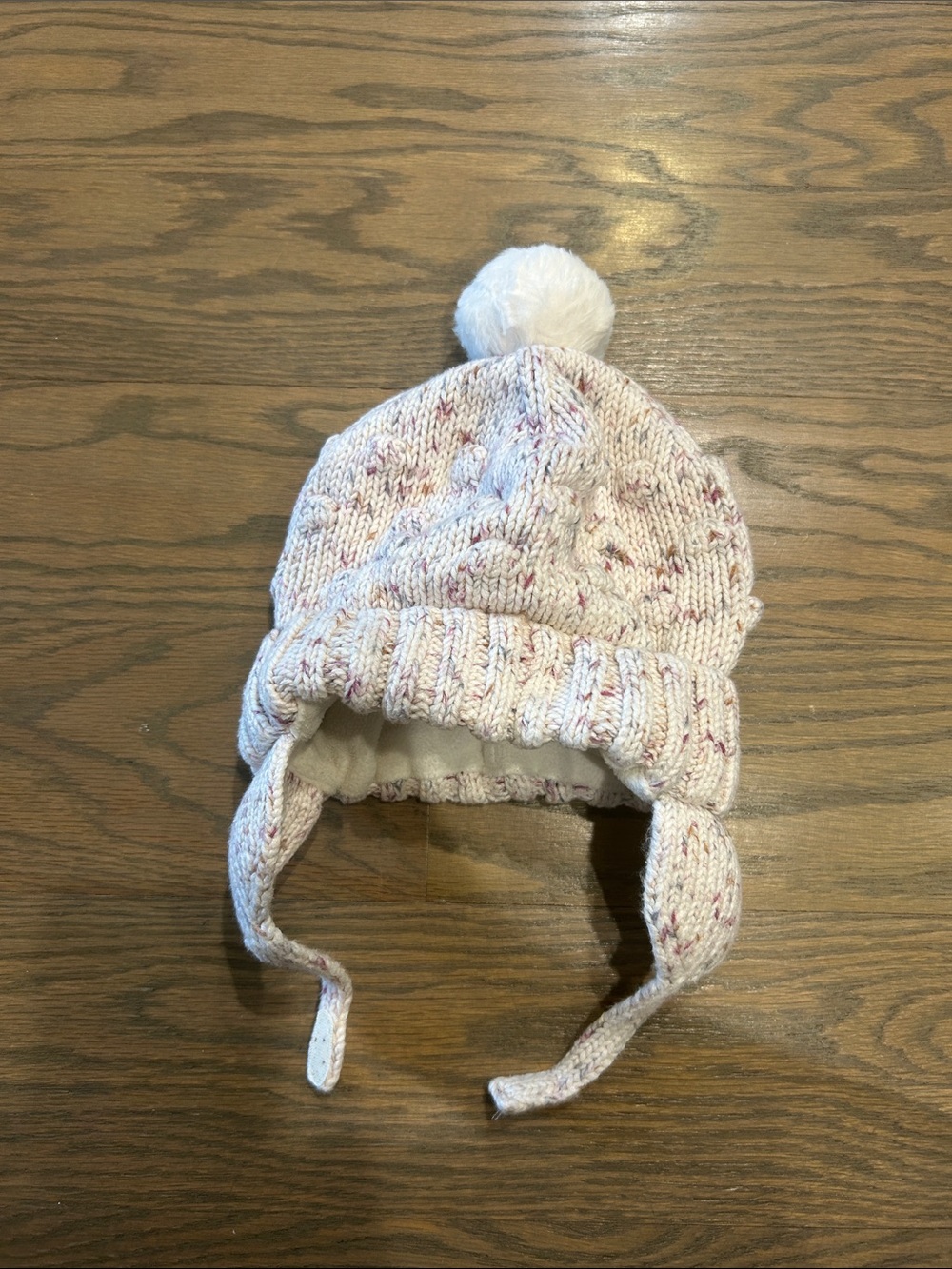 GAP Cream Knit Earflap Pom Hat with Pink Flecks